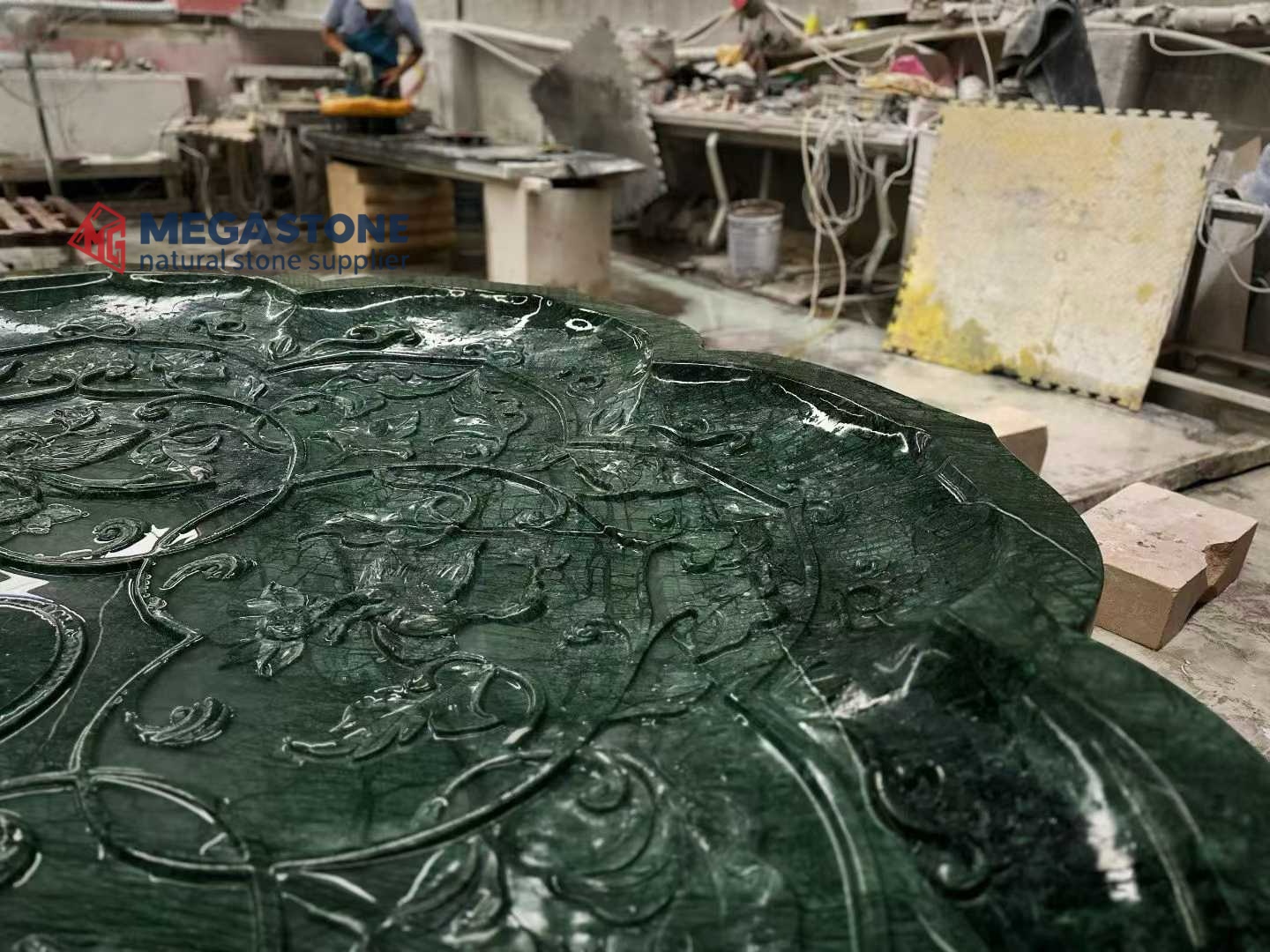 Natural Dark Green Stone Lotus Shape Water Bowl with Relief Carvings