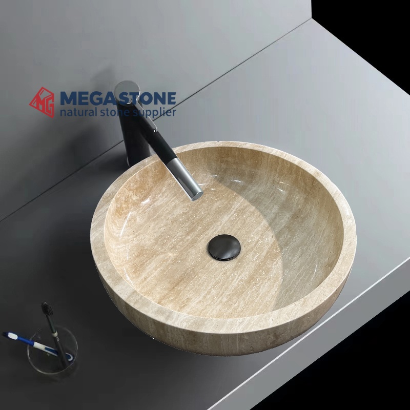 Beige Travertine Chess Round Shape Wash Basin