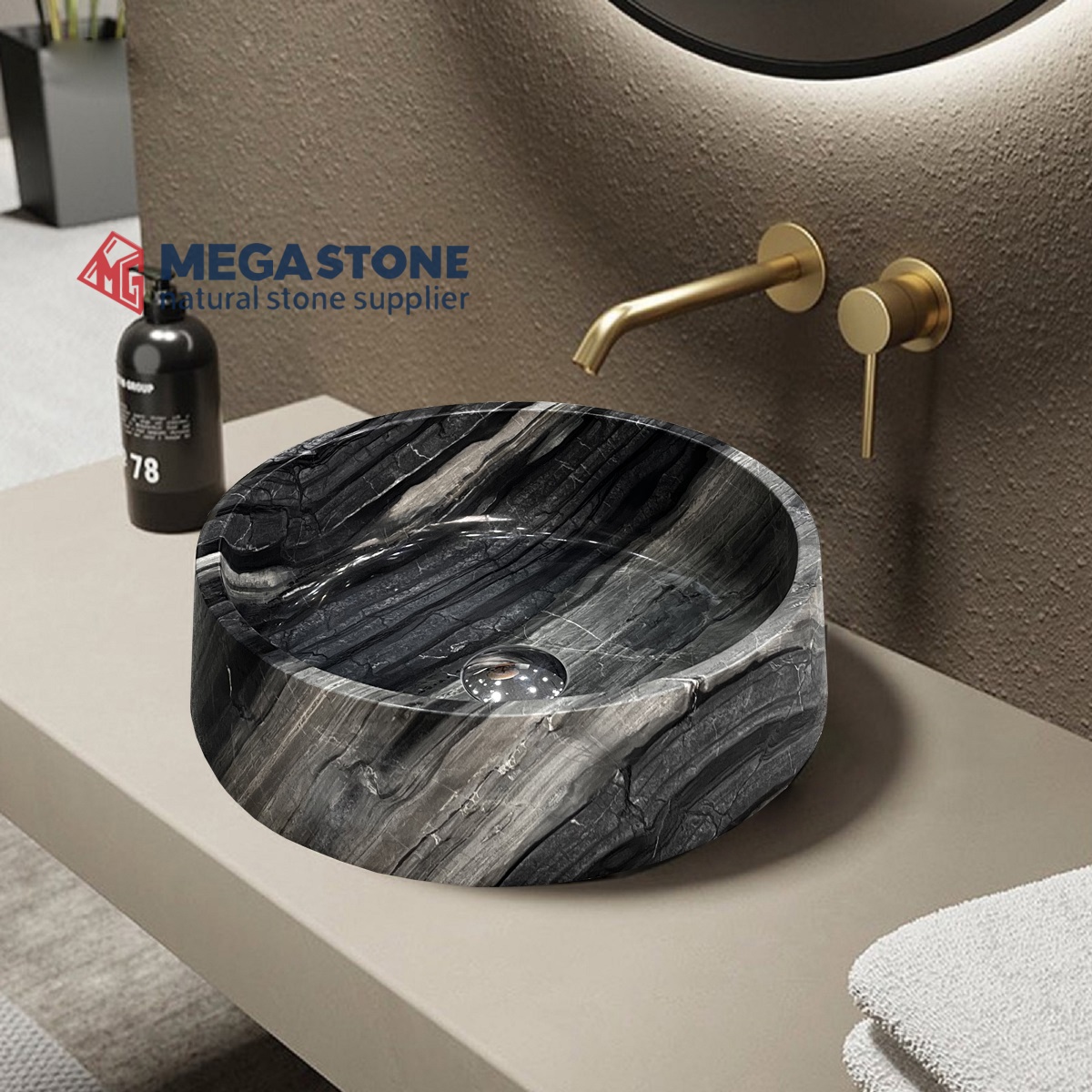 Black Wooden Marble Chess Round Shape Wash Basin