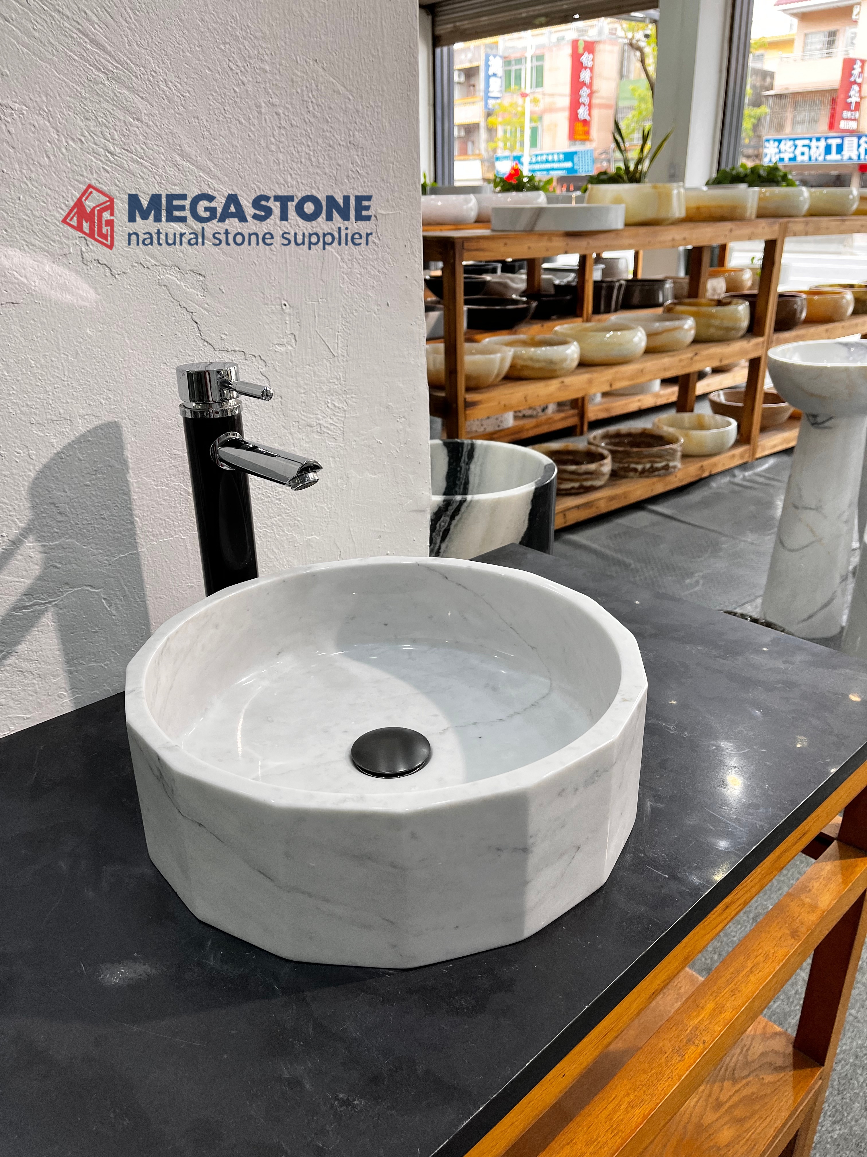 Carrara White Geometric Marble Vessel wash basin