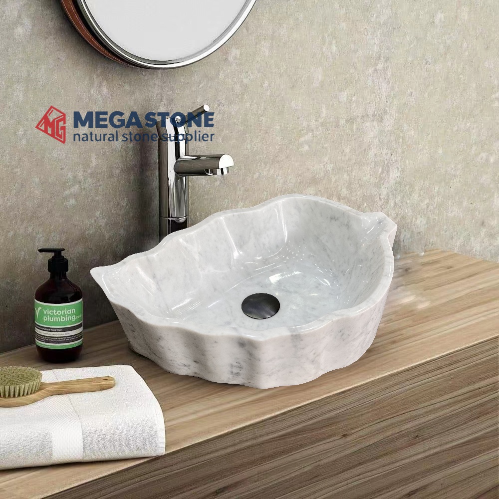 Carrara White Leaf Shape Design Marble Vessel wash basin