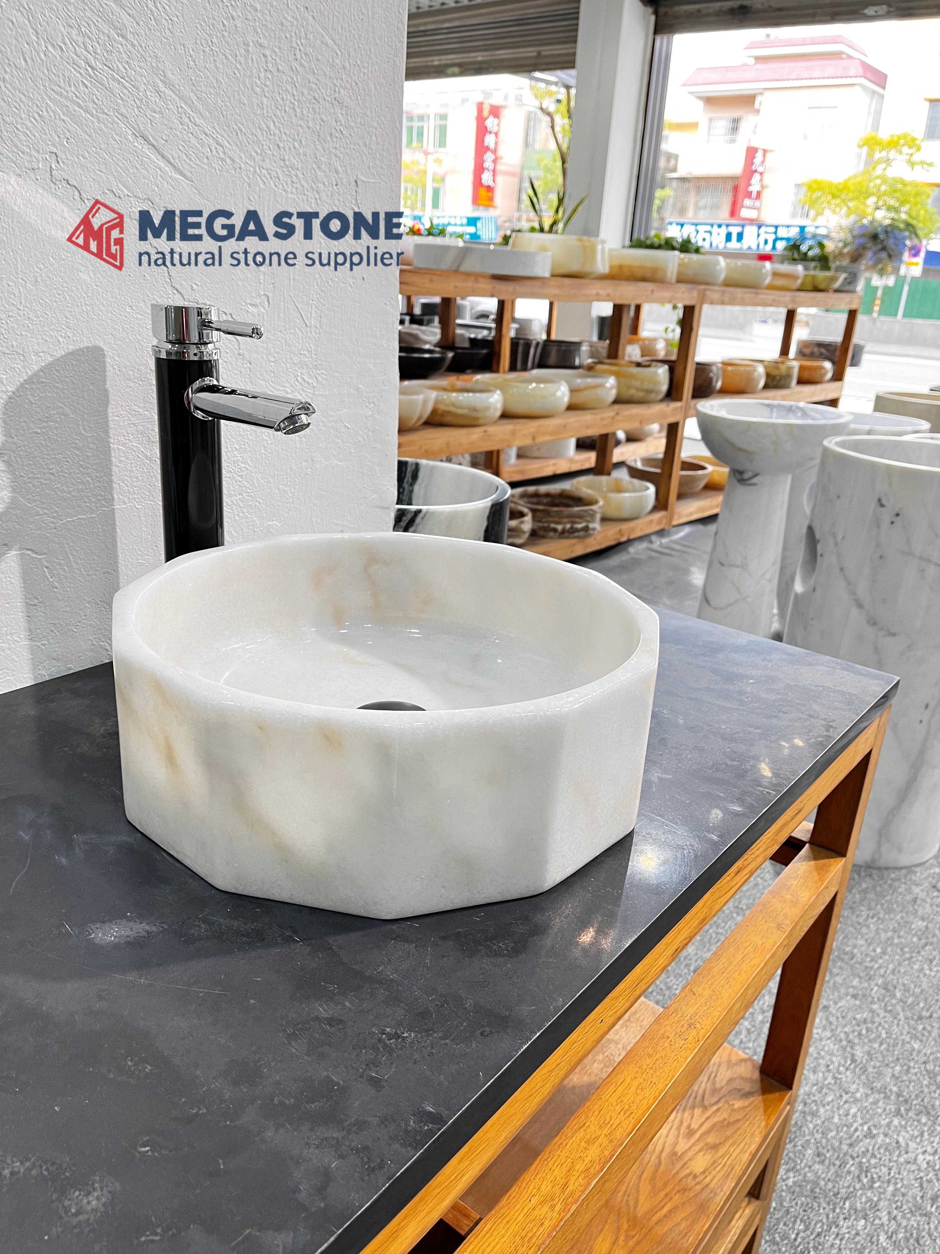 Guanxi White Geometric Marble Vessel wash basin