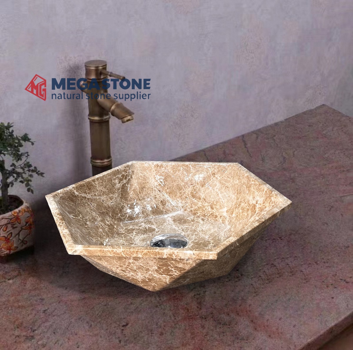 Light Emperador Geometric Marble Wash Basin