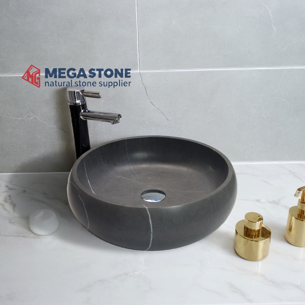 Pietra Grey Marble Chess Round Shape Wash Basin