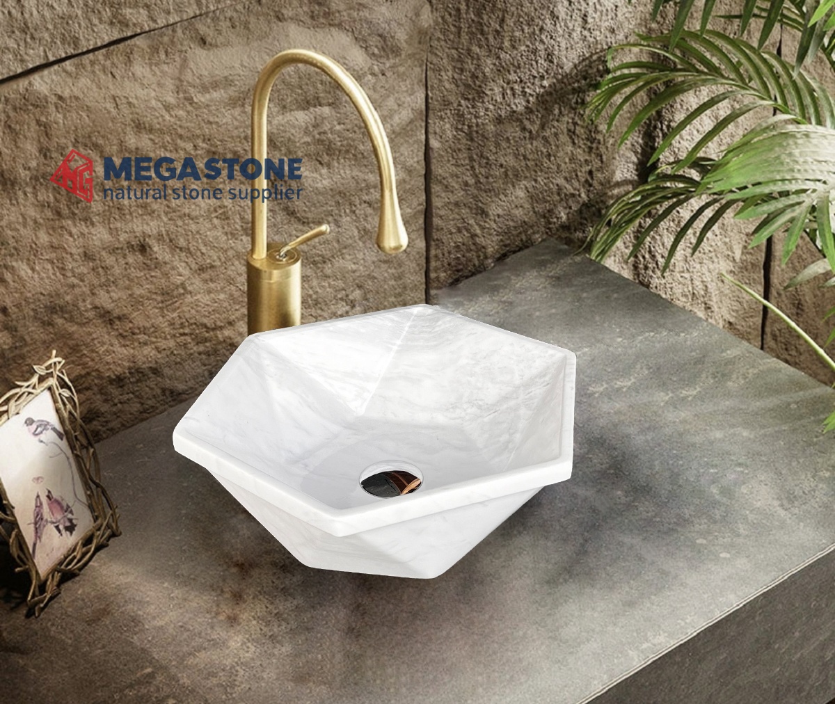 Volakas White Geometric Marble Wash Basin Vessel Basin