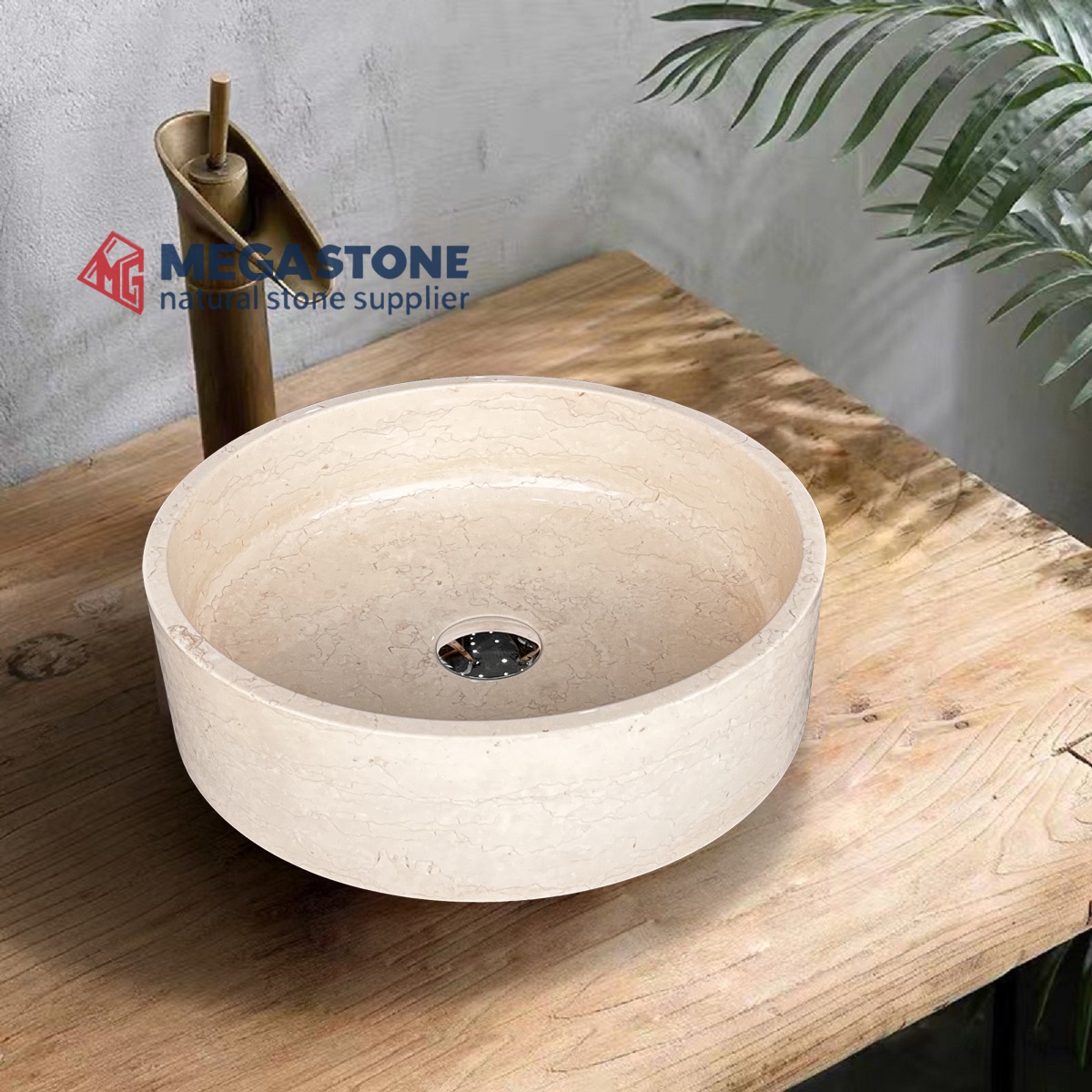 Crema Marfil Marble Flat Bottom Round Shape Wash Basin