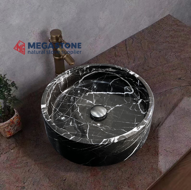 Black Marquina Marble Flat Bottom Round Shape Wash Basin
