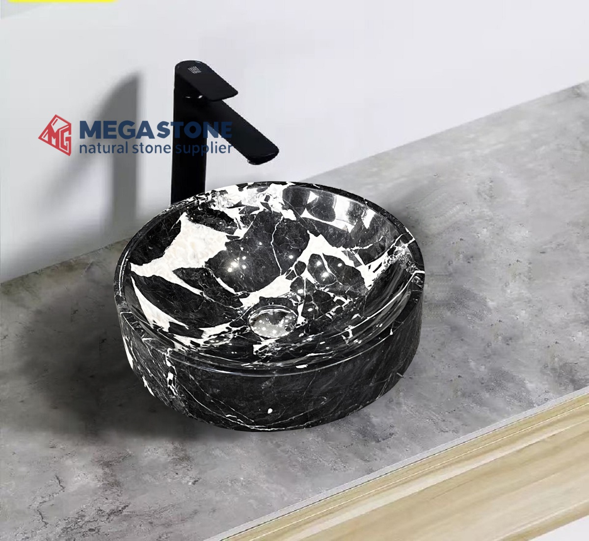 China Noir Grand Antique Marble Flat Bottom Round Shape Wash Basin