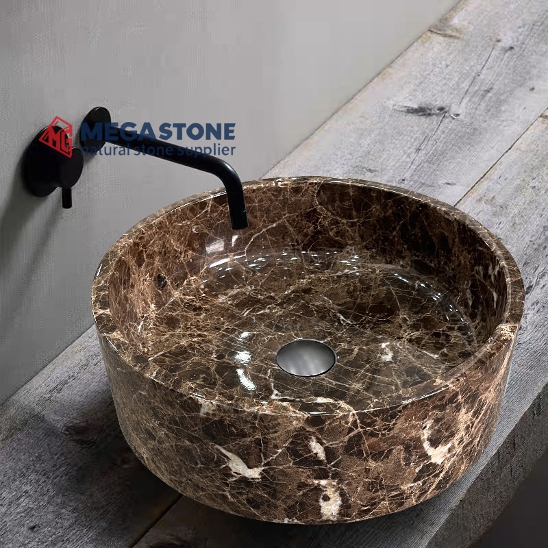 Dark Emperador Marble Flat Bottom Round Shape Wash Basin