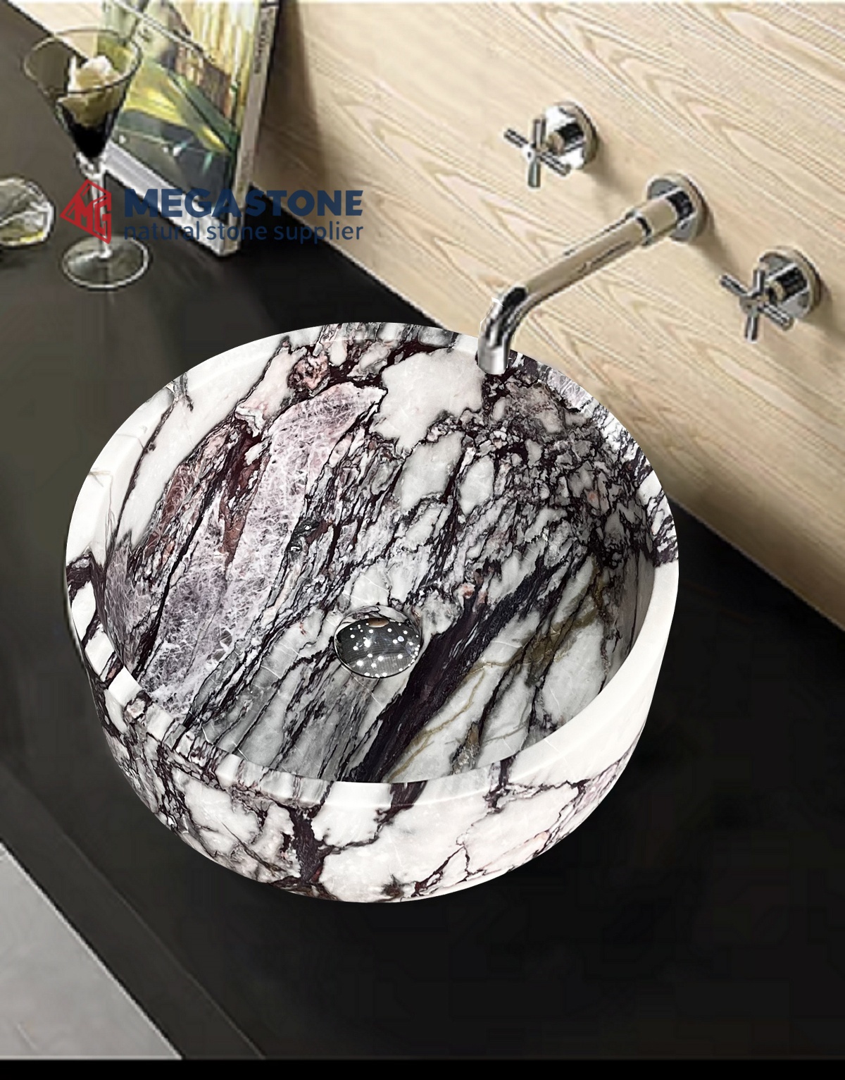 Italian Calacatta Viola Marble Flat Bottom Round Shape Wash Basin