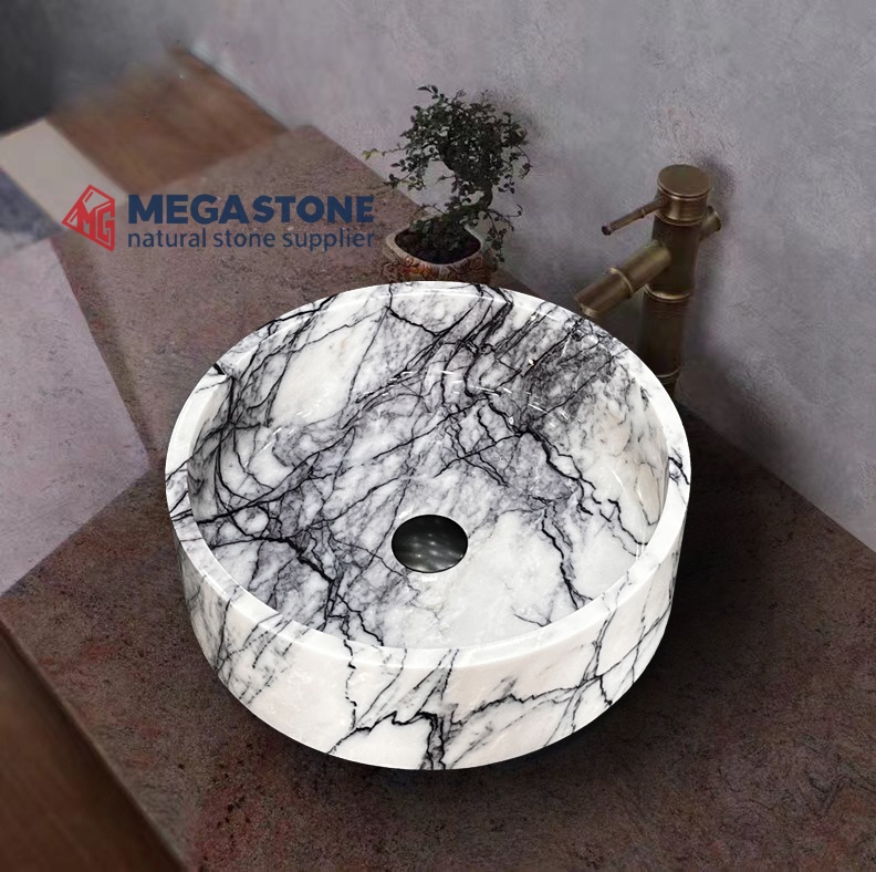 New York Lilac White Marble Flat Bottom Round Shape Wash Basin