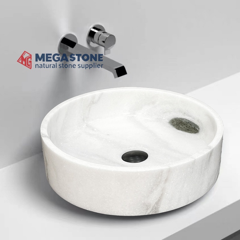 Panda White Marble Flat Bottom Round Shape Wash Basin Vessel