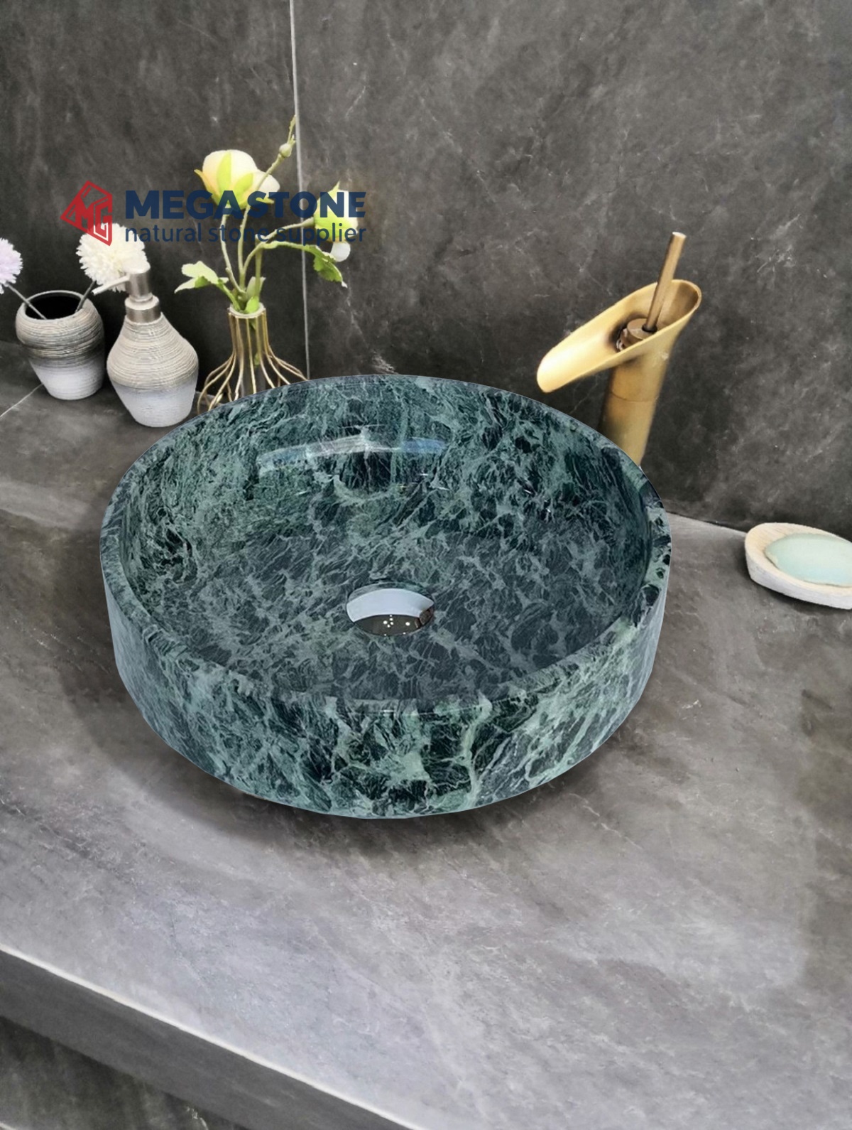 Verde Alpi Marble Flat Bottom Round Shape Wash Basin