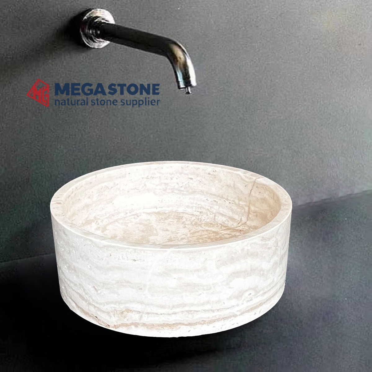 White Travertine Flat Bottom Round Shape Wash Basin