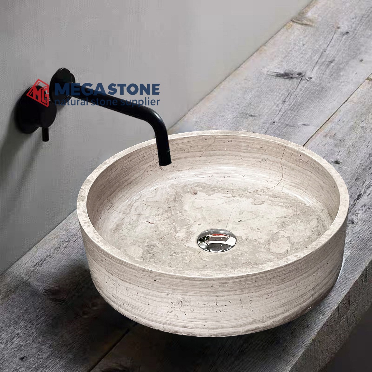 White Wood Marble Flat Bottom Round Shape Wash Basin