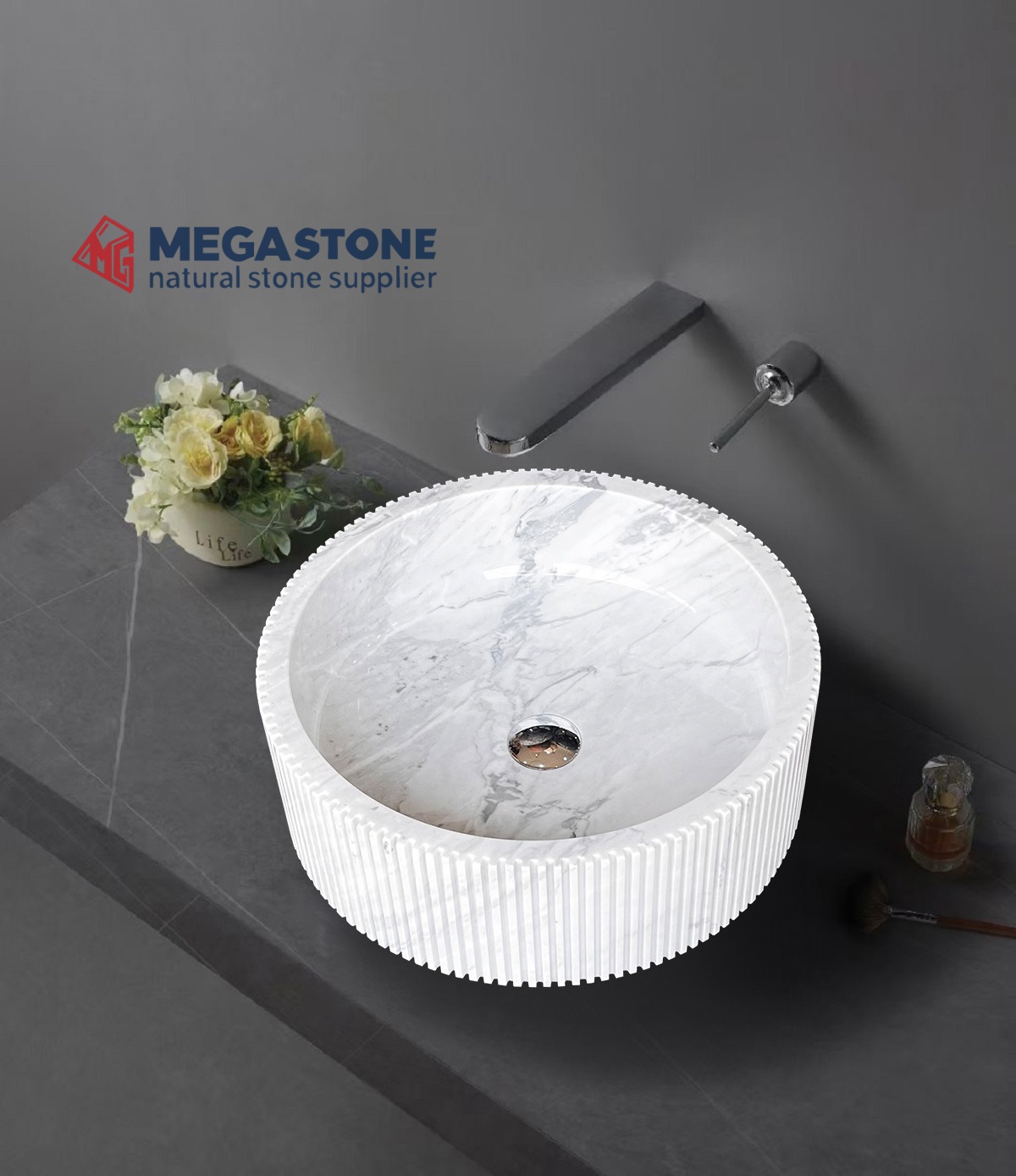 Bianco Carrara Marble Fluted Round Basin