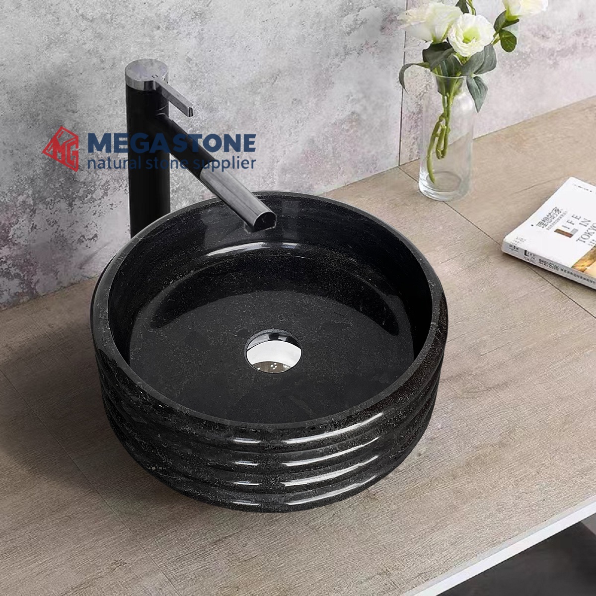 Dark Abalone Grey Marble Fluted Round Basin