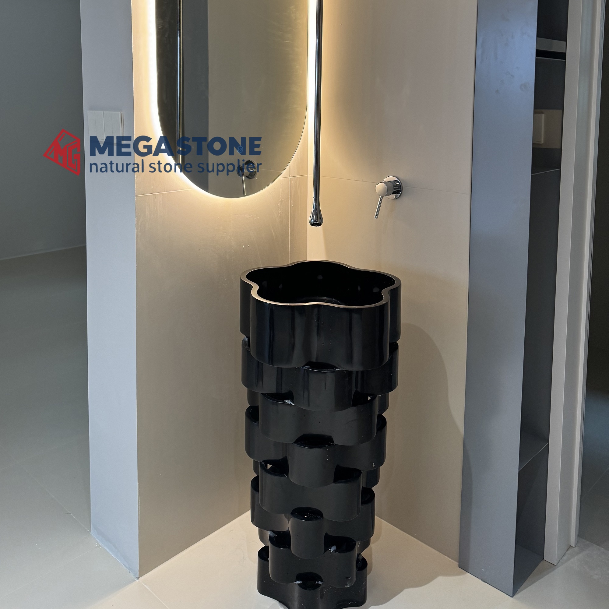 Black Marquina Flower Design Freestanding Sink