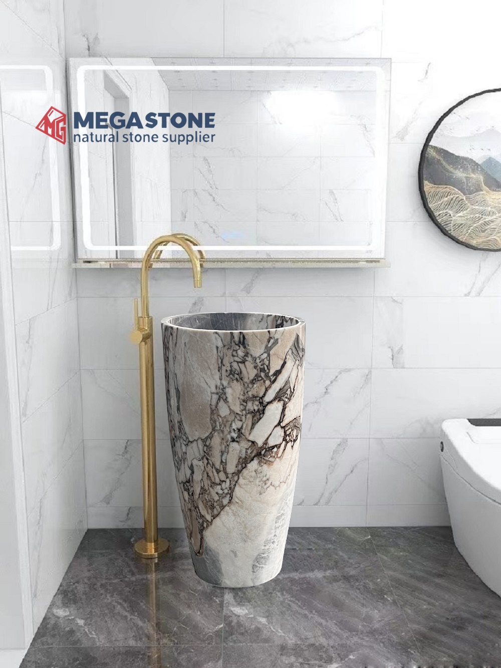 Elephant White Marble Cylindrical Pedestal Sink