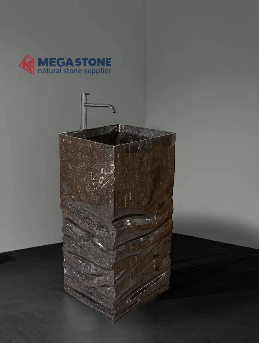 Grey Marble Hand-Carved Wavy Marble Pedestal Sink