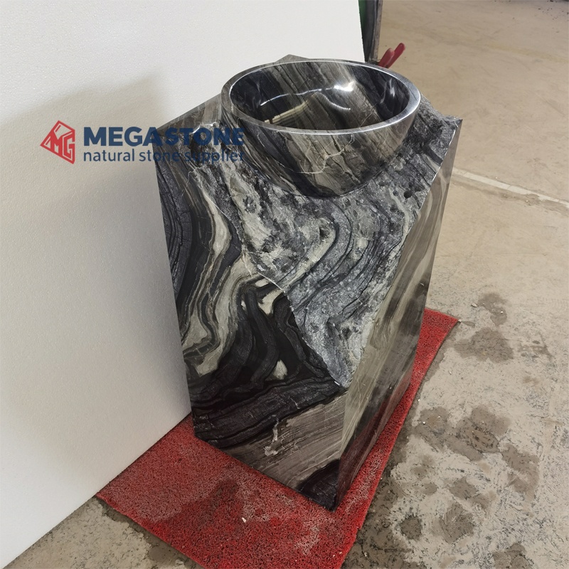 Monolithic Black Wooden Marble Pedestal Basin with Integrated Bowl