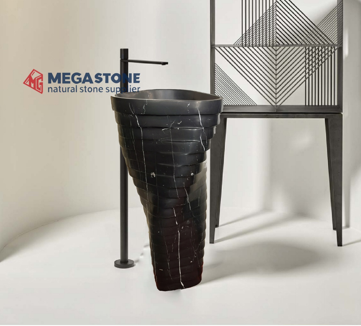 Spiral Carved Nero Marquina Pedestal Basin