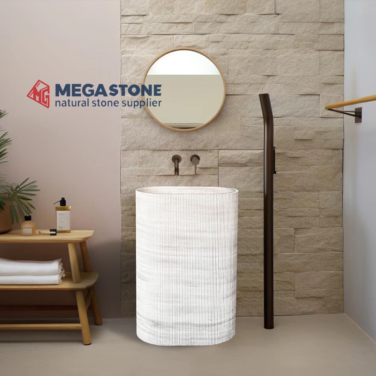 White Wood Marble Oval Shape Freestanding Sink Pedestal Sink