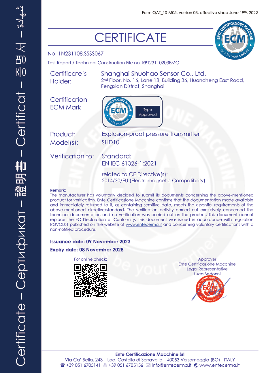 Explosion-proof Pressure Transmitter ECM Certificate