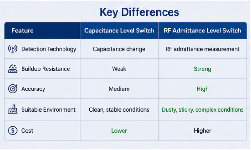 RF admittance and capacitive level switch