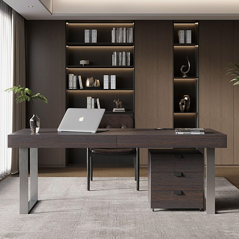 F-016-22-1-KH01B Modern Luxury Smoked Wood Desk | Metal Legs Office Table with Storage