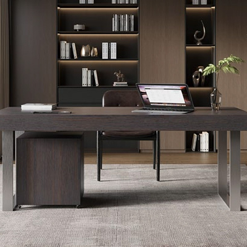 F-016-22-1-KH01B Modern Luxury Smoked Wood Desk | Metal Legs Office Table with Storage