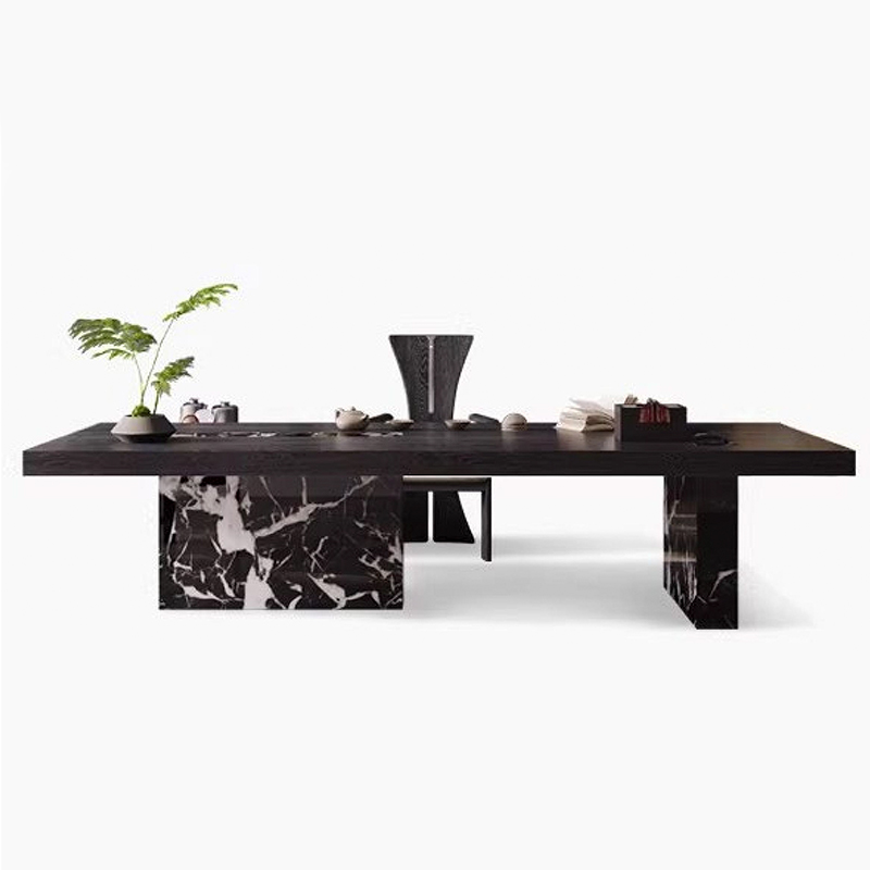 F-016-22-1-KH808 Modern Luxury "Bulgari Black" Marble Tea Table | Smoked Oak Desk