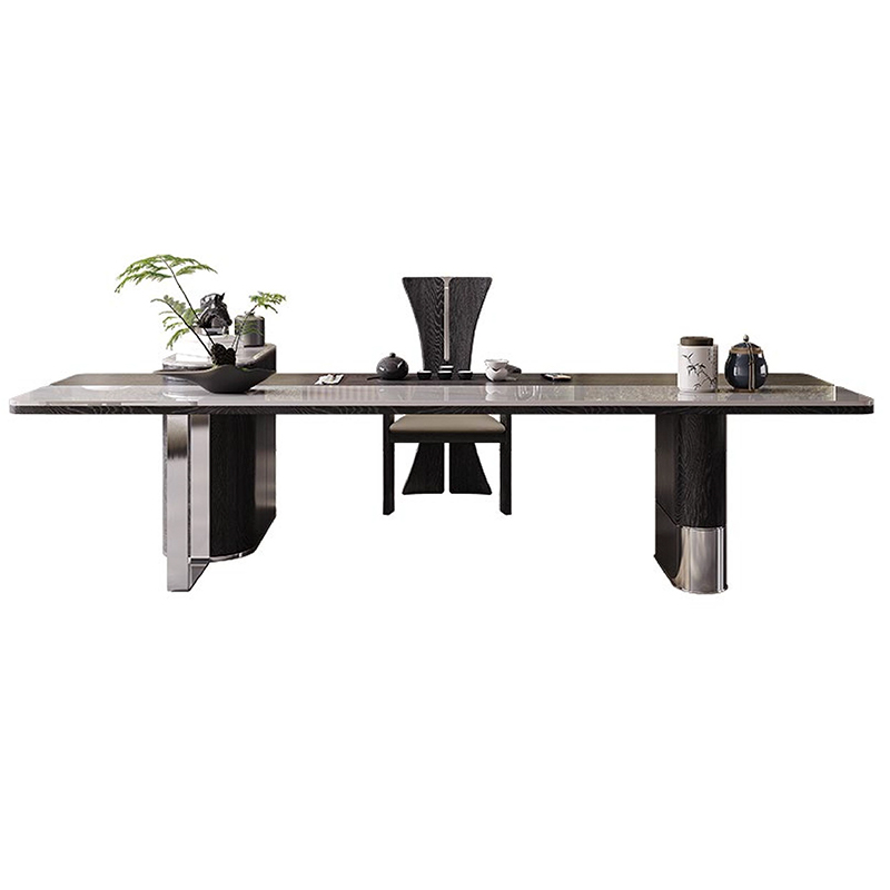 F-016-22-1-KH816 Modern Luxury Calacatta Marble Tea Table | Metal-Trimmed Inlay Desk