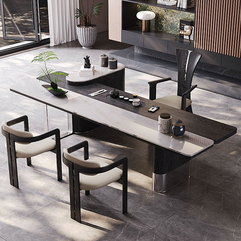 F-016-22-1-KH816 Modern Luxury Calacatta Marble Tea Table | Metal-Trimmed Inlay Desk