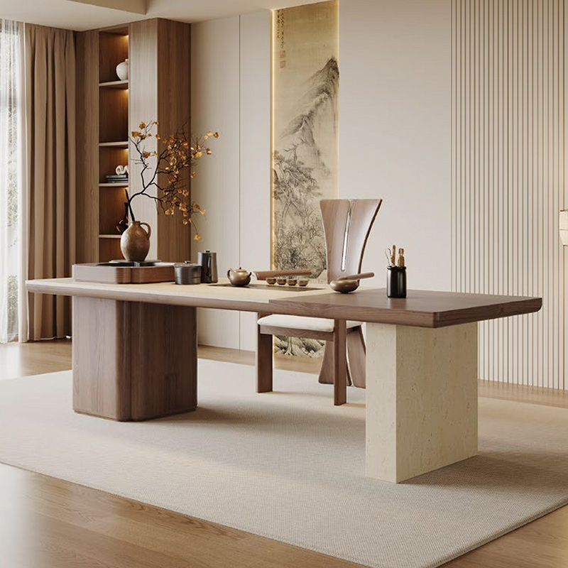 F-016-22-1-KH901 Modern Wabi-Sabi Beige Travertine Tea Table | Walnut Inlay Desk