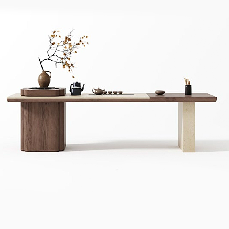F-016-22-1-KH901 Modern Wabi-Sabi Beige Travertine Tea Table | Walnut Inlay Desk