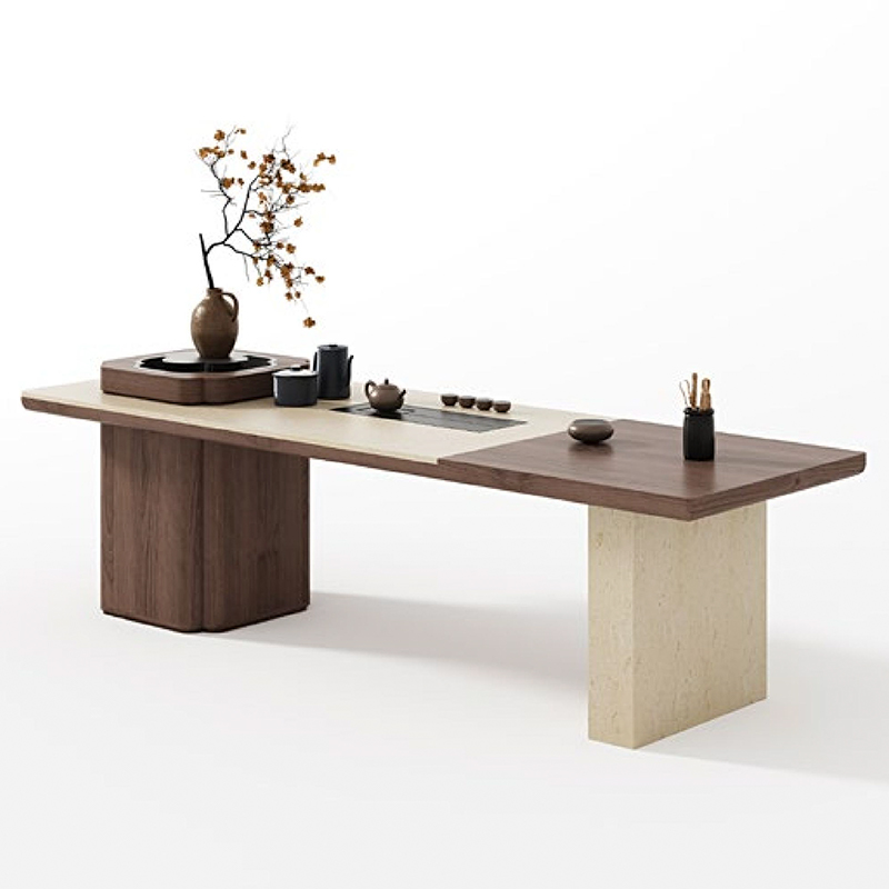 F-016-22-1-KH901 Modern Wabi-Sabi Beige Travertine Tea Table | Walnut Inlay Desk