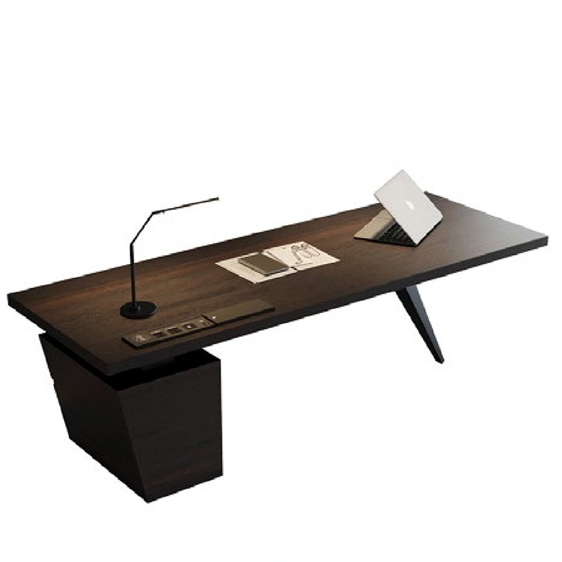 F-016-22-1-KH05 Modern Luxury Smoked Wood Desk | Angled Metal Leg Office Table with Storage
