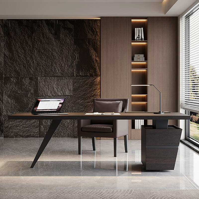 F-016-22-1-KH05 Modern Luxury Smoked Wood Desk | Angled Metal Leg Office Table with Storage
