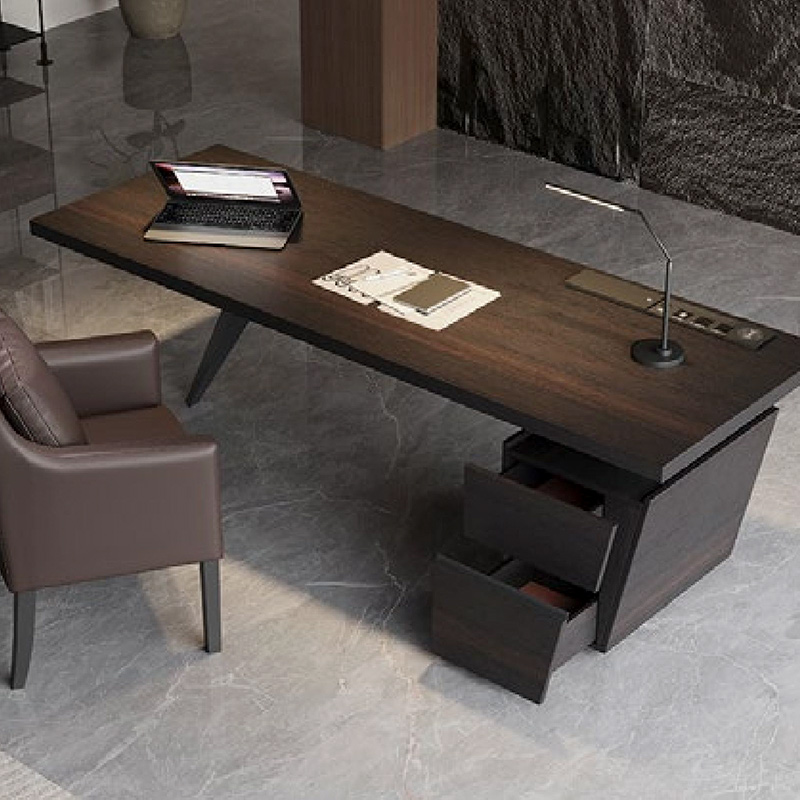 F-016-22-1-KH05 Modern Luxury Smoked Wood Desk | Angled Metal Leg Office Table with Storage