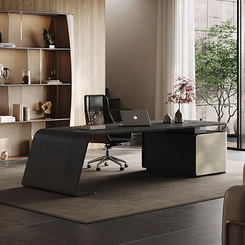F-016-22-1-KH58 Modern Luxury Curved Smoked Wood Desk | Leather-Upholstered Office Table