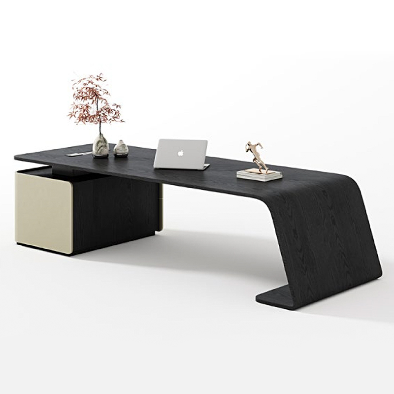 F-016-22-1-KH58 Modern Luxury Curved Smoked Wood Desk | Leather-Upholstered Office Table