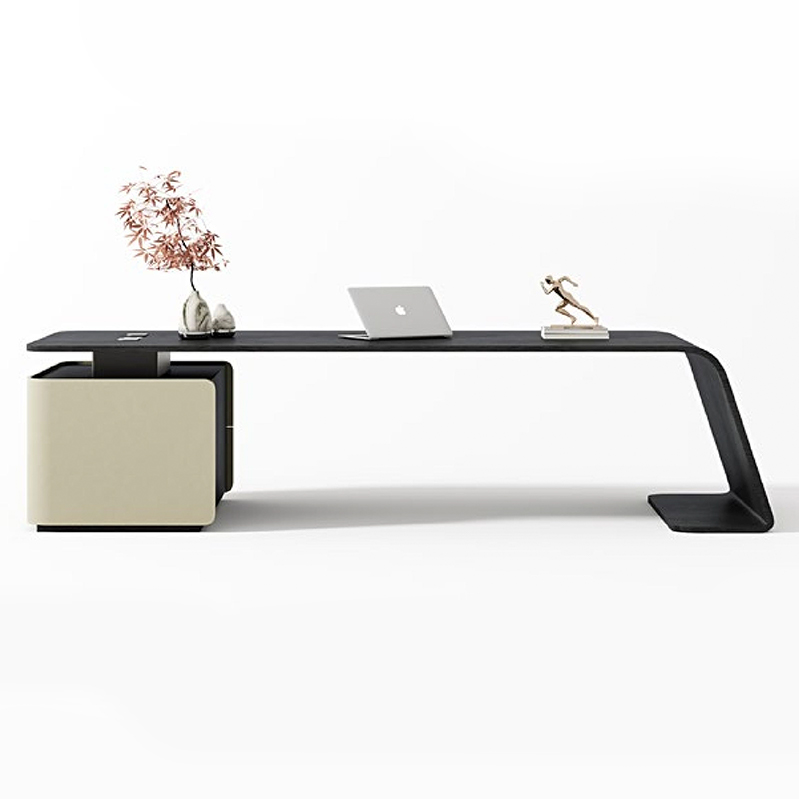 F-016-22-1-KH58 Modern Luxury Curved Smoked Wood Desk | Leather-Upholstered Office Table