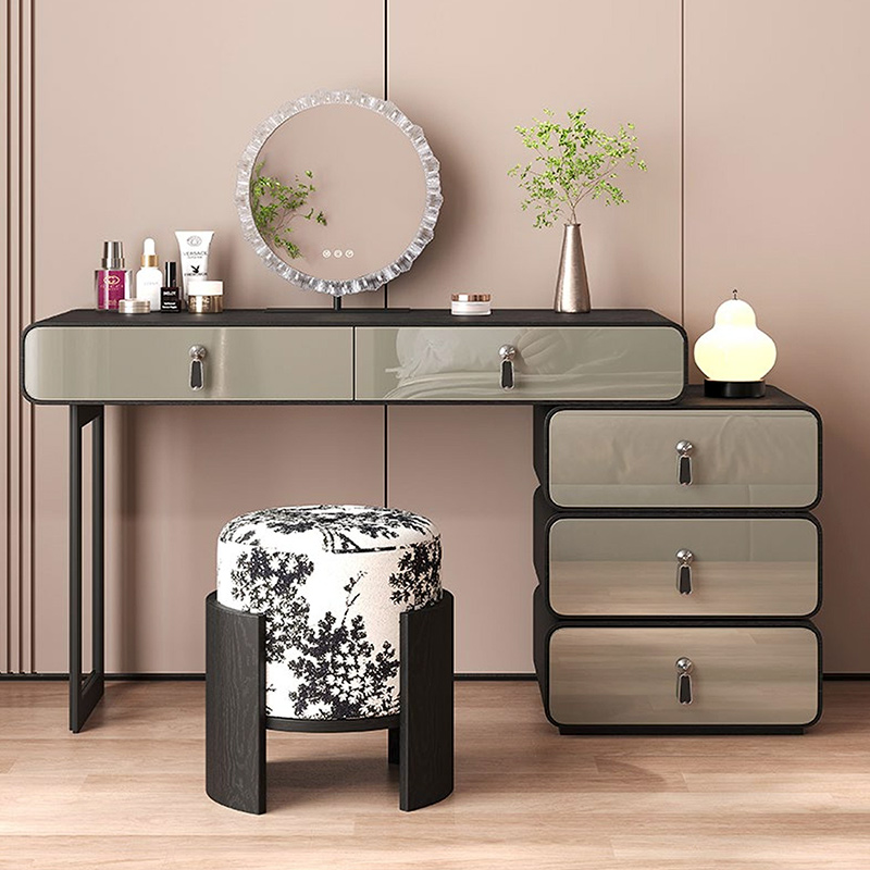 F-016-22-1-KH102 Modern Luxury Grey Lacquer Vanity Table | Mirror & Multi-Drawer Dressing Desk