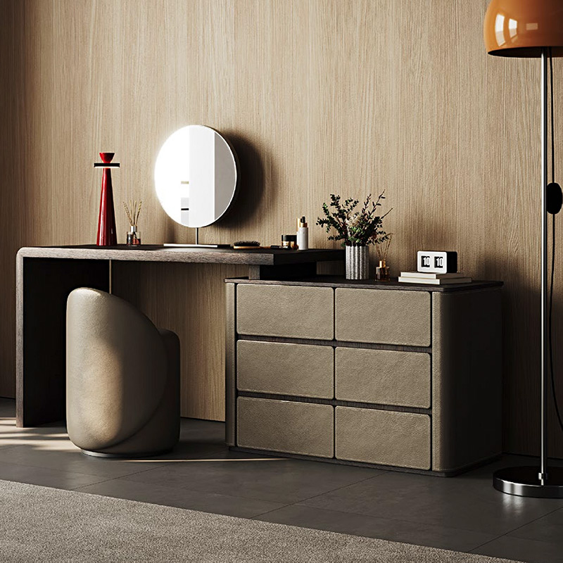 F-016-22-1-KH116 Modern Luxury Leather Vanity Table | Dark Wood Veneer Dressing Desk