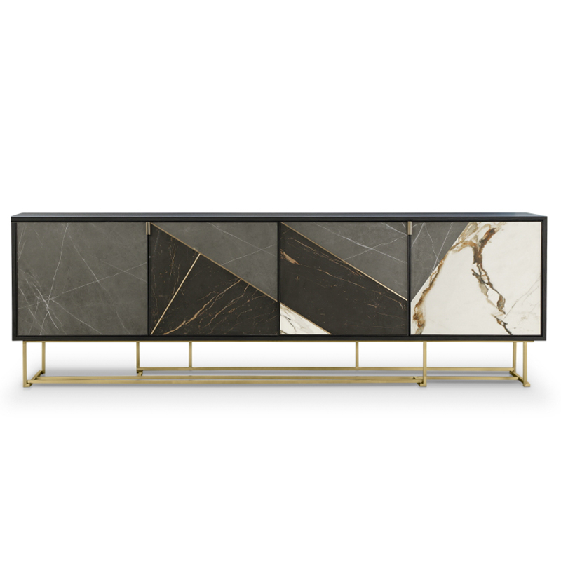 F-016-11-3-BO2032 Geometric Marble Inlay & Bronze Sideboard