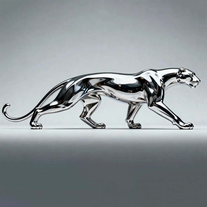 S-068-08-D009 Mirror-Polished Stainless Steel Leopard Sculpture
