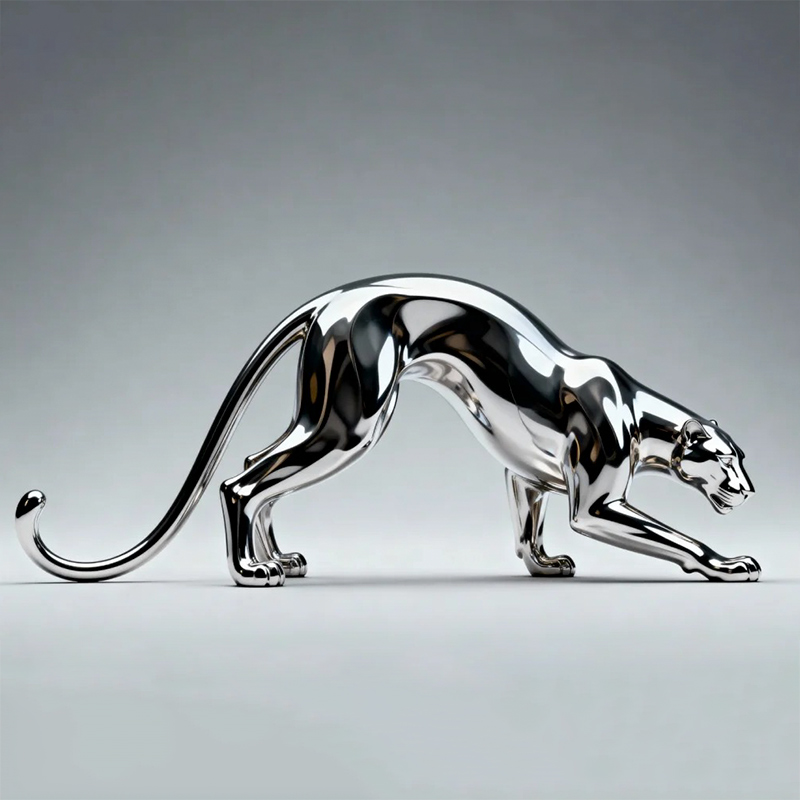 S-068-08-D009 Mirror-Polished Stainless Steel Leopard Sculpture