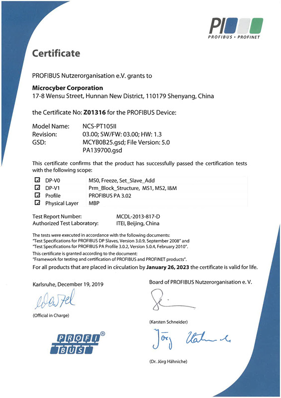 Certificado PROFIBUS (NCS-PT105II)