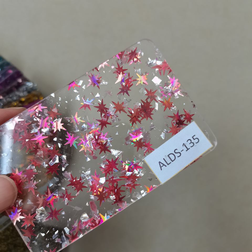 Lastra acrilica tagliata rosso oro rosa argento scintilla glitter colori brillanti